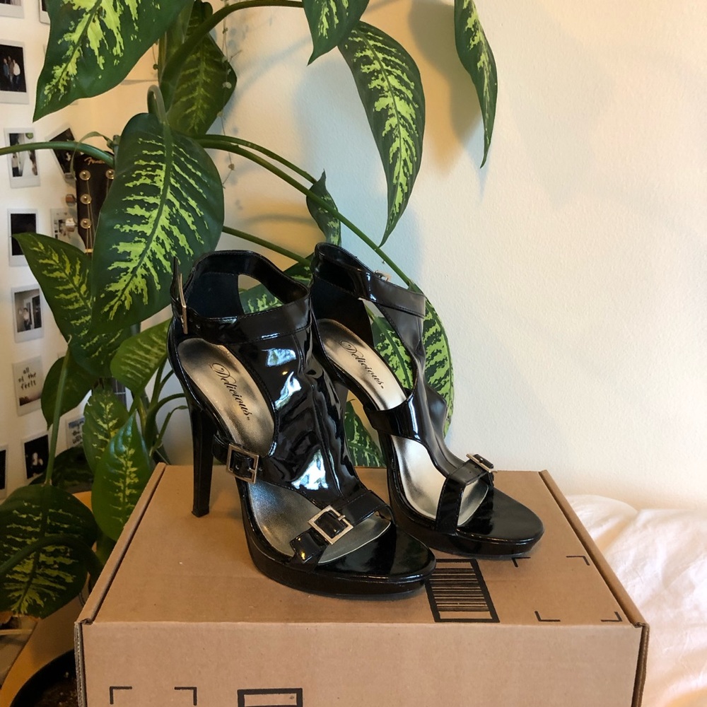 Black Glossy Stiletto Sandal Strap Heels
